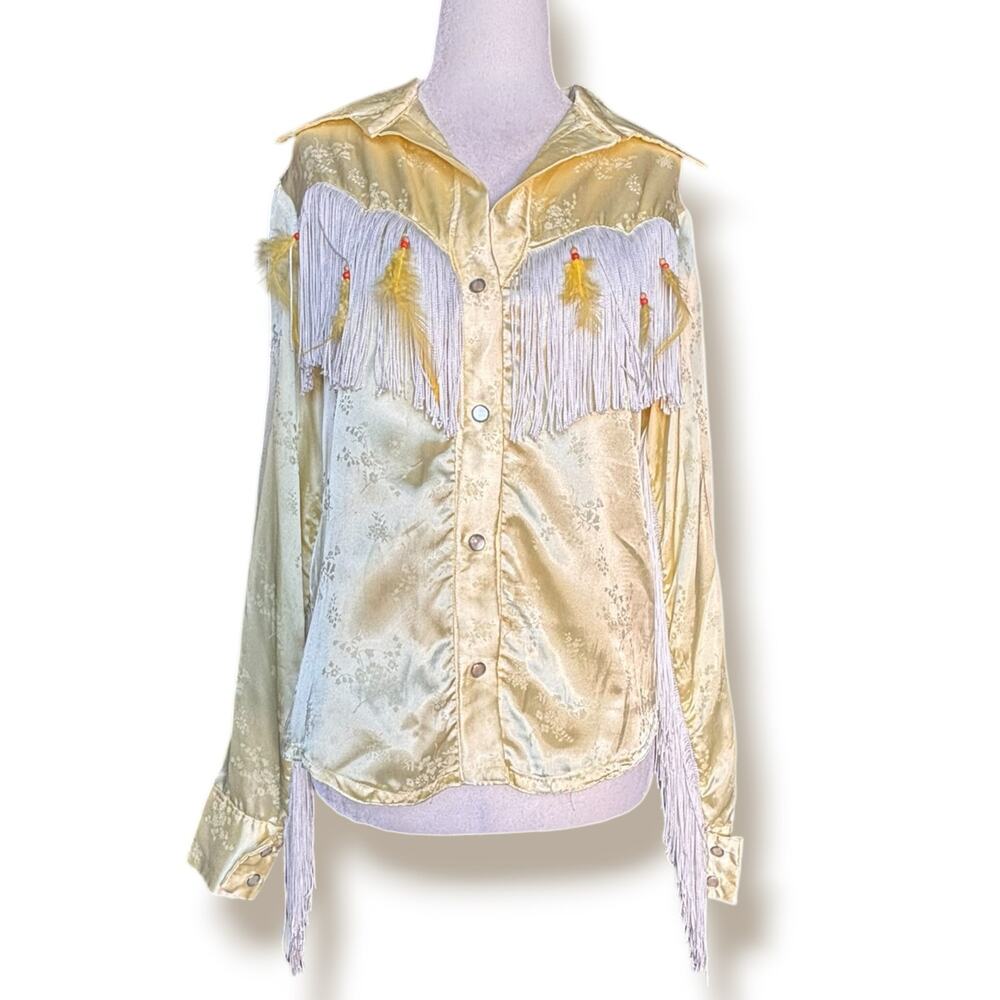Vintage Butter Yellow Satin Fringe Floral Western Shirt Feather Rodeo Festival - Picture 2 of 11